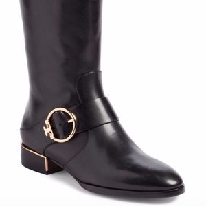 Tory Burch Black Heeled Boots with Gold Accents